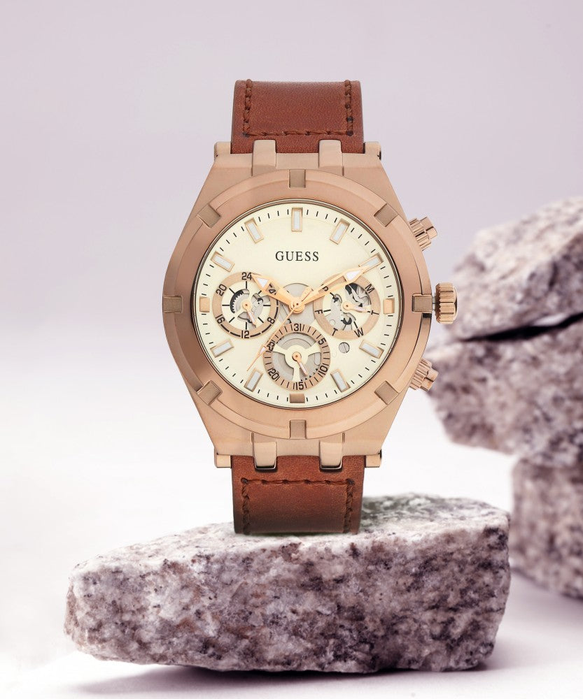 Guess Analog Multifunction White Dial Brown Leather Strap Watch for Men - GW0262G3 Buy Now By Guess