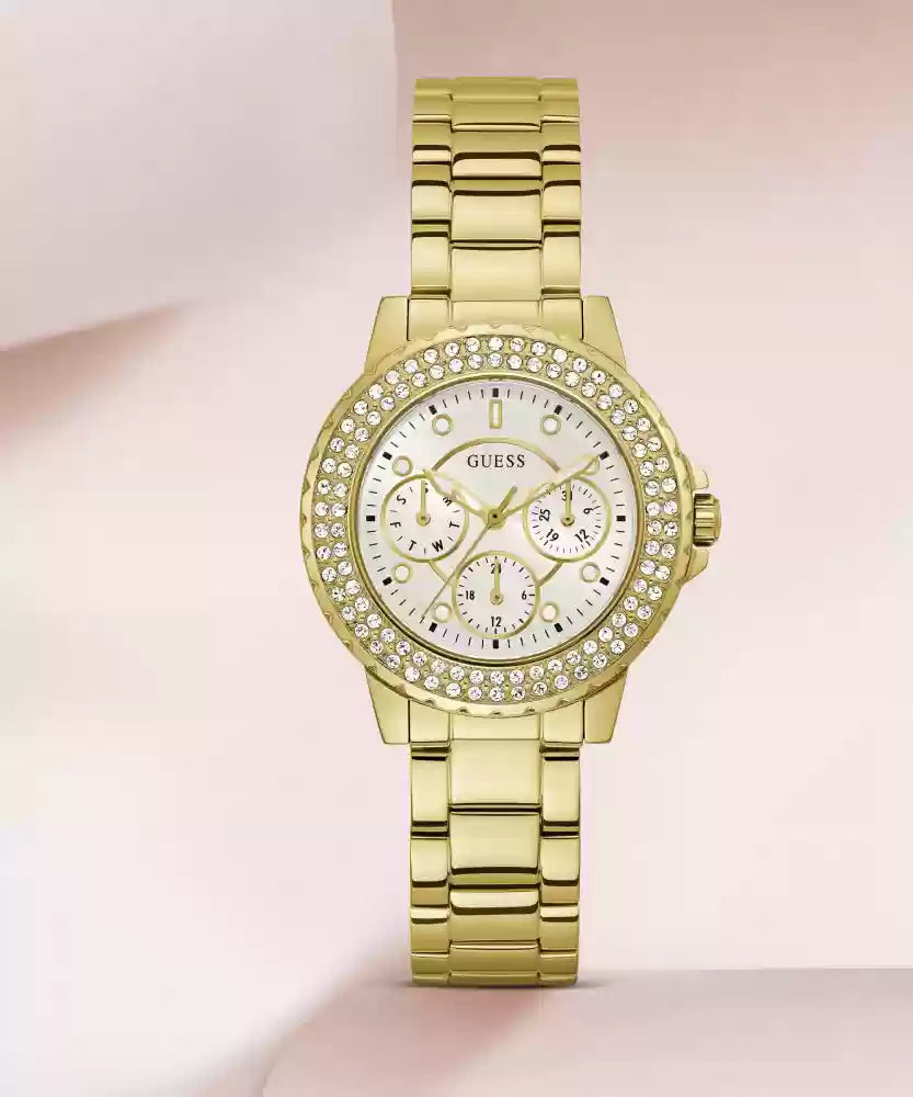 Guess Crown Jewel Diamonds White Dial Gold Steel Strap Watch for Women - GW0410L2 Buy Now By Guess