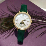 Fossil Jacqueline Multifunction Moonphase Mother of Pearl White Dial Green Leather Strap Watch for Women - ES5244 Buy Now By Fossil