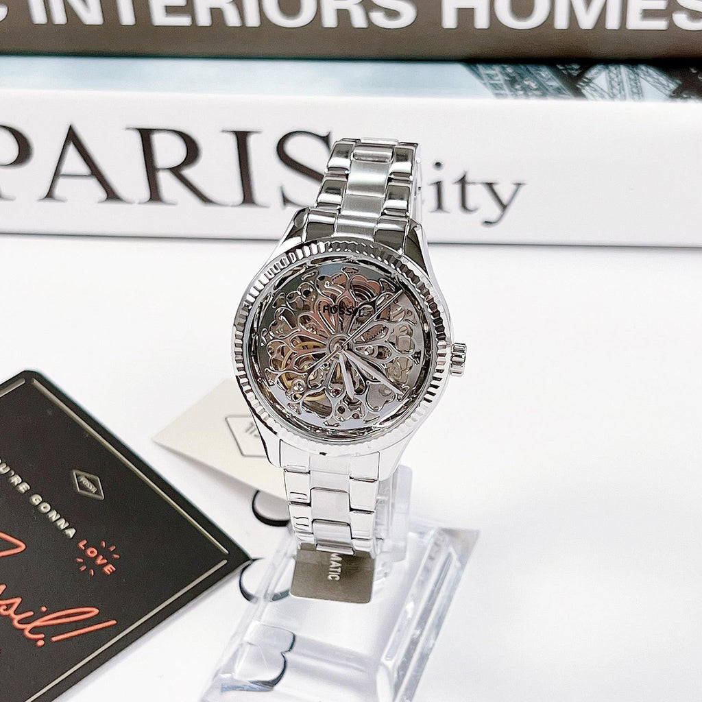 Fossil Rye Automatic Skeleton Silver Dial Silver Steel Strap Watch for Women - BQ3753 Buy Now By Fossil