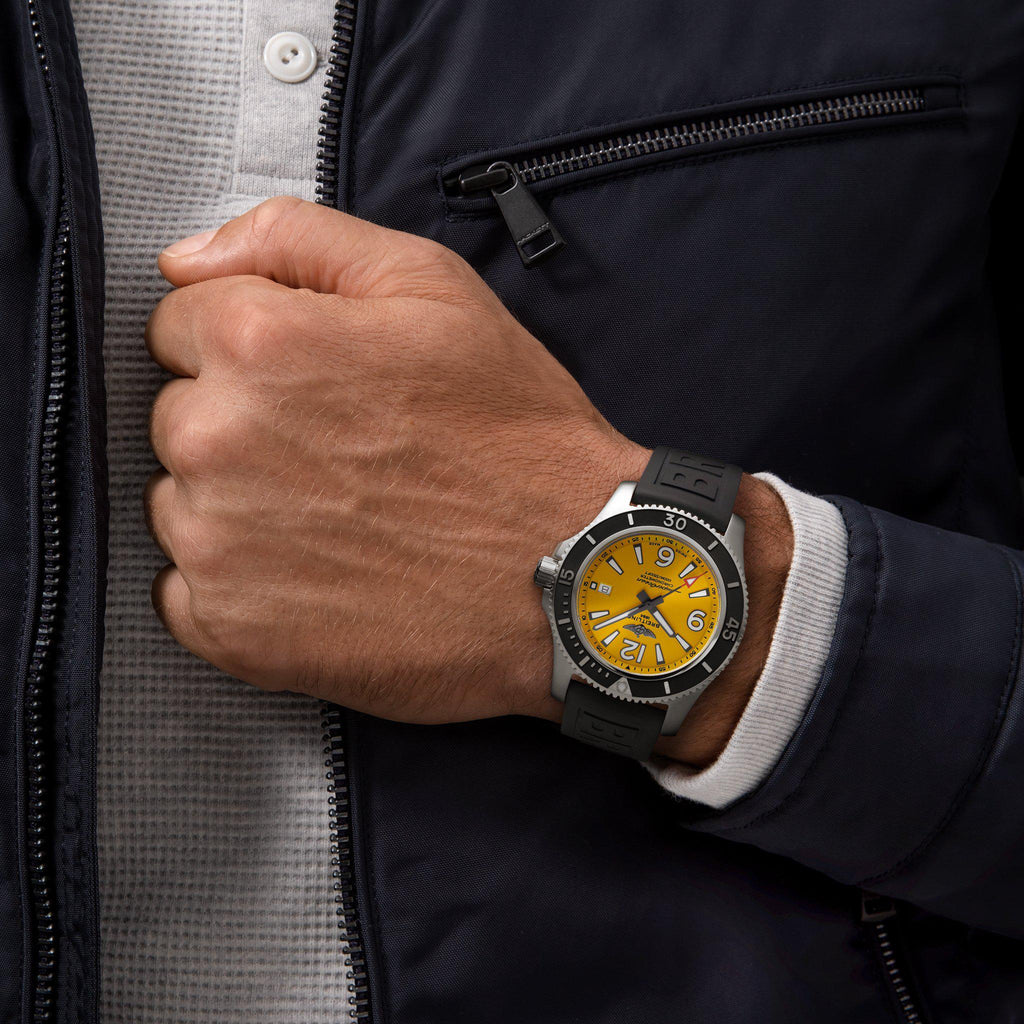 Breitling Superocean Automatic 44mm Yellow Dial Black Rubber Strap Watch for Men - A17367021I1S1 Buy Now By Breitling