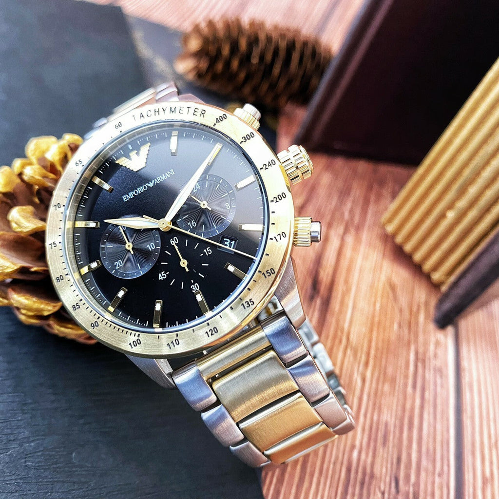 Emporio Armani Analog Chronograph Black Dial Two Tone Steel Strap Watch For Men - AR11521 Buy Now By Emporio Armani