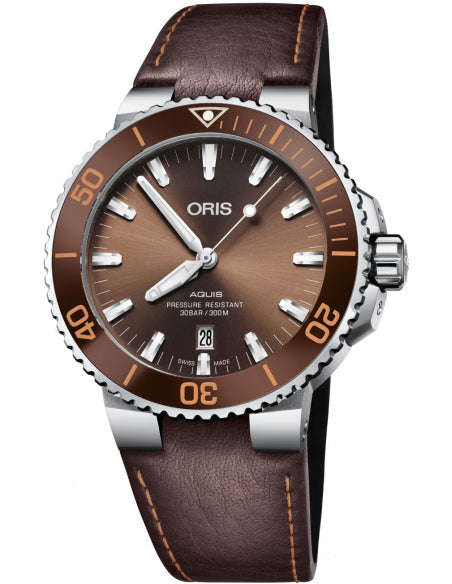 Oris Aquis Date Brown Dial Brown Leather Strap Watch for Men - 0173377304152-0752412EB Buy Now By Oris