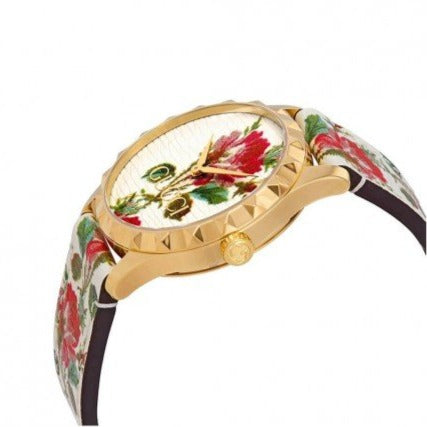 Gucci G Timeless Floral Gold Dial White Leather Strap Watch For Women - YA1264084 Buy Now By Gucci