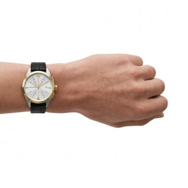 Emporio Armani Claudio Chronograph Silver Dial Black Leather Strap Watch For Men - AR11498