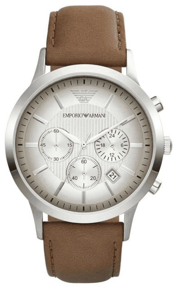 Emporio Armani Classic Chronograph Silver Dial Brown Leather Strap Watch For Men - AR2471 Buy Now By Emporio Armani