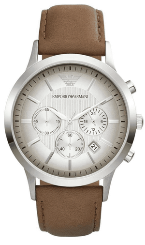 Emporio Armani Classic Chronograph Silver Dial Brown Leather Strap Watch For Men - AR2471 Buy Now By Emporio Armani