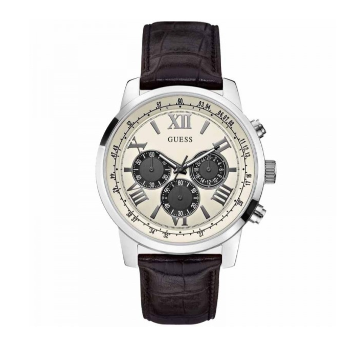 Guess Chronograph Quartz White Dial Brown Leather Strap Watch For Men - W0380G1 Buy Now By Guess