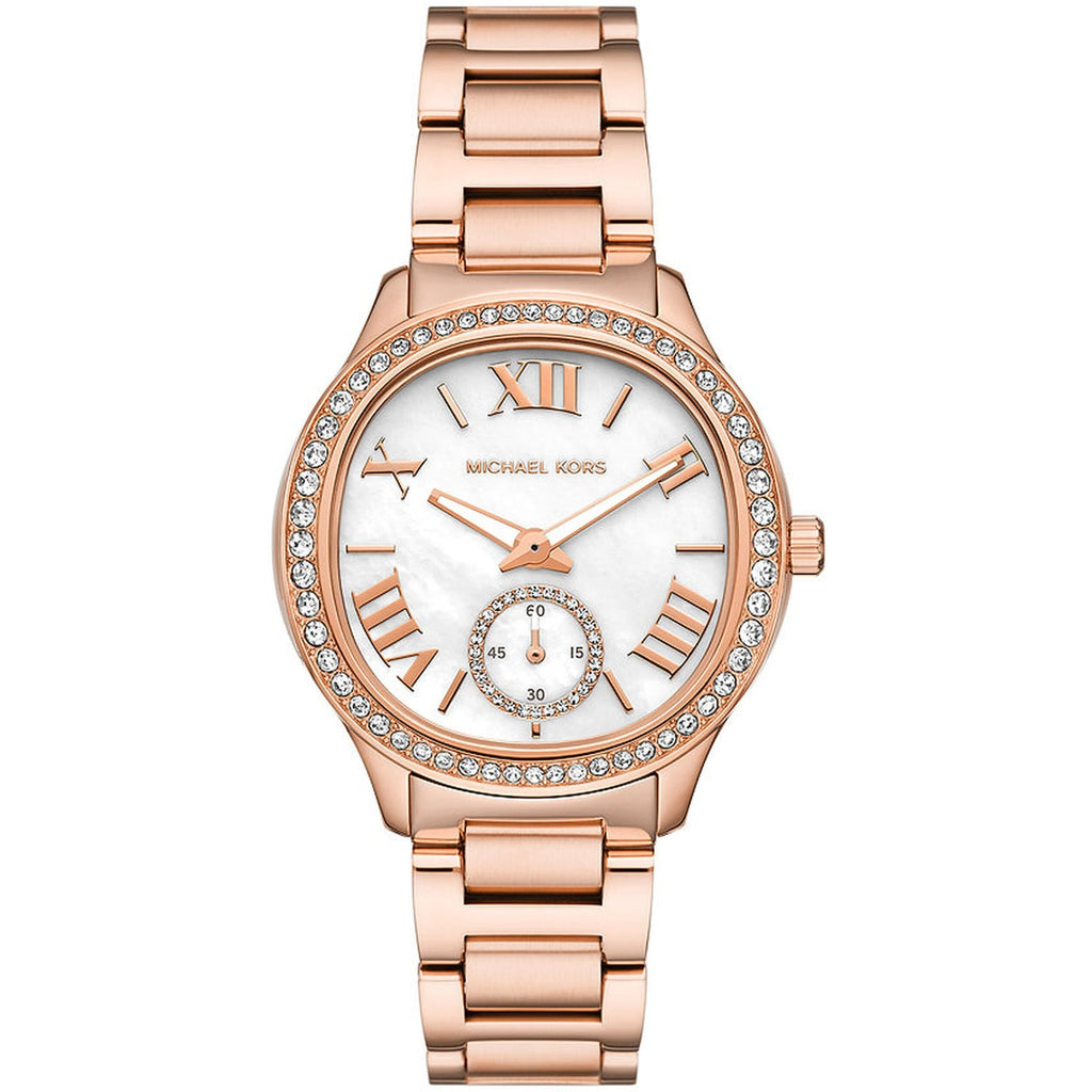 Michael Kors Sage Three-Hand Mother of Pearl White Dial Rose Gold Steel Strap Watch for Women - MK4806 Buy Now By Michael Kors