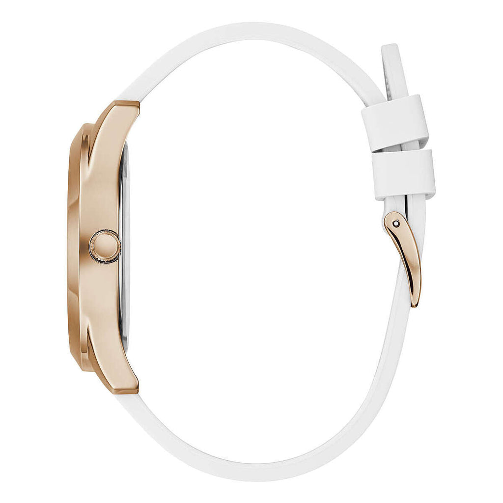 Guess Crush Crystals Gold Dial White Rubber Strap Watch for Women - W1223L3 Buy Now By Guess