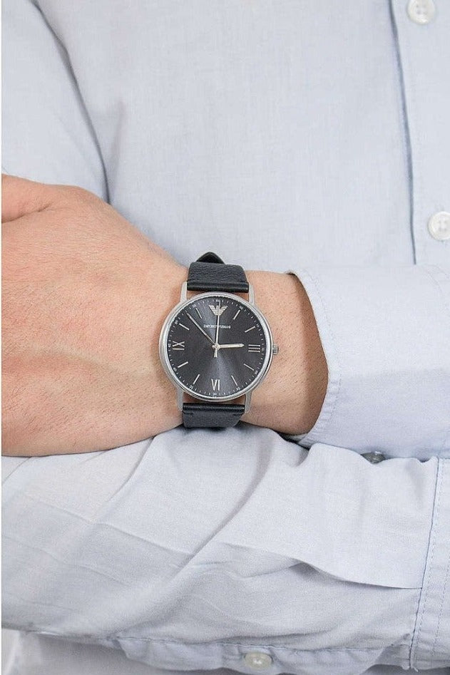 Emporio Armani Kappa Analog Quartz Black Dial Black Leather Strap Watch For Men - AR11013