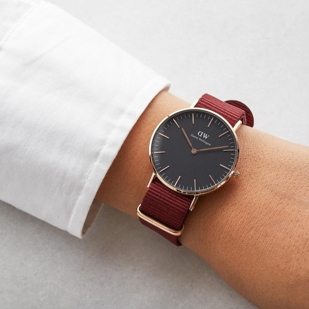 Daniel Wellington Classic Roselyn Black Dial Maroon Nylon Strap Watch For Women - DW00100273 Buy Now By Daniel Wellington