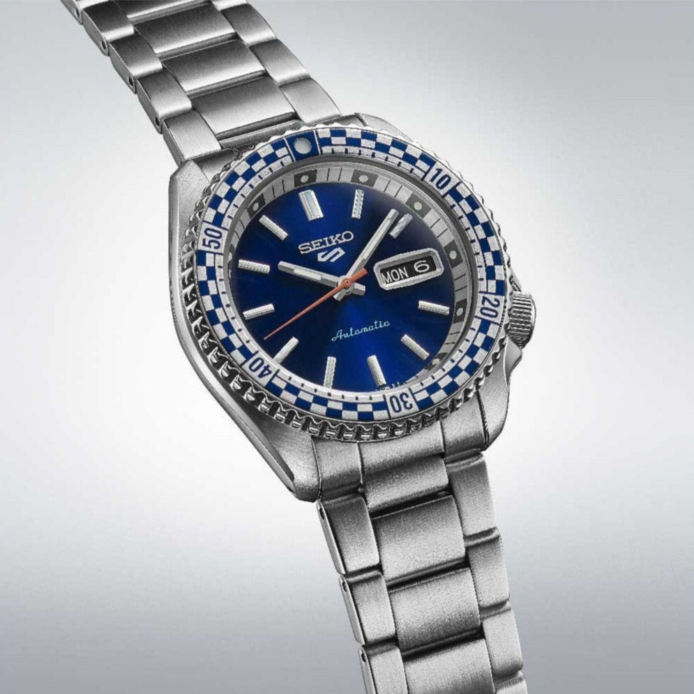 Seiko 5 Sports Petrol Blue Checker Flag Special Edition Blue Dial Silver Steel Strap Watch For Men - SRPK65K1 Buy Now By Seiko