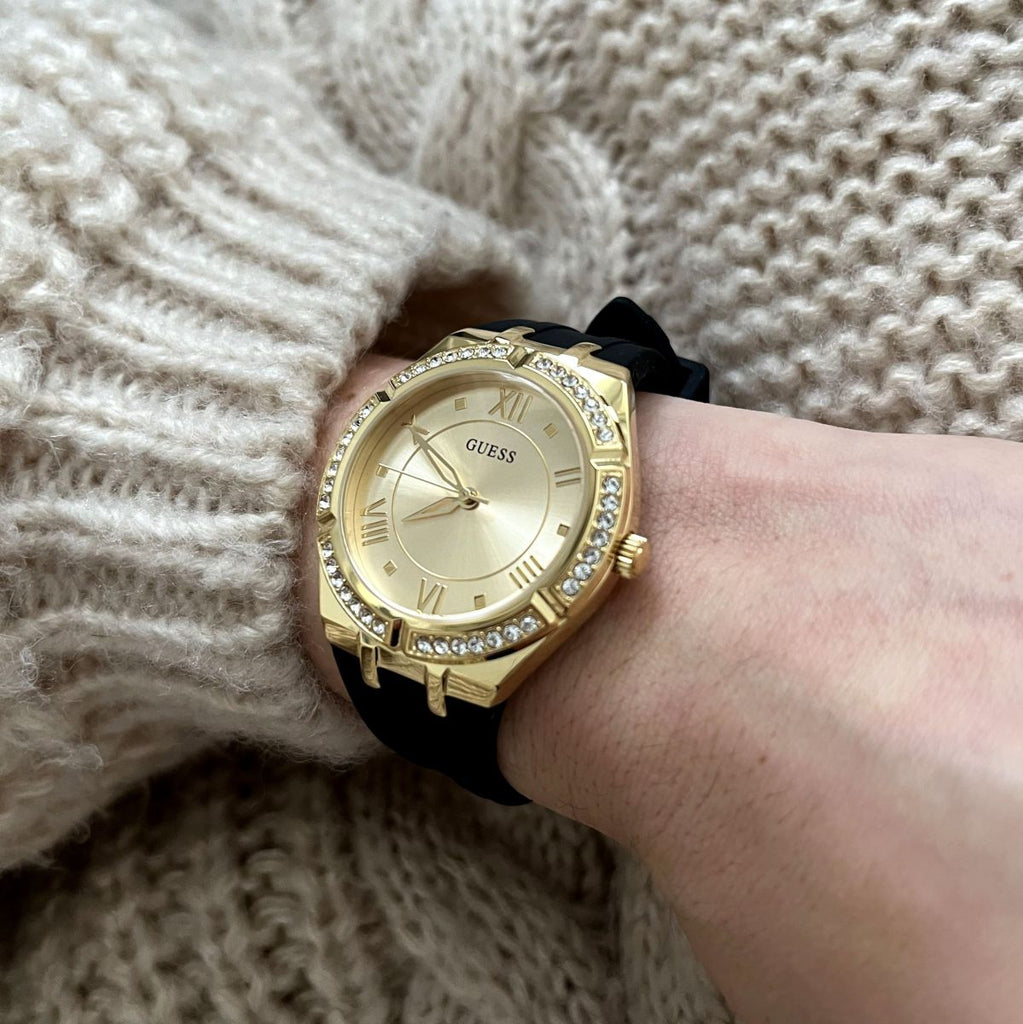 Guess Cosmo Diamonds Gold Dial Black Rubber Strap Watch for Women - GW0034L1 Buy Now By Guess