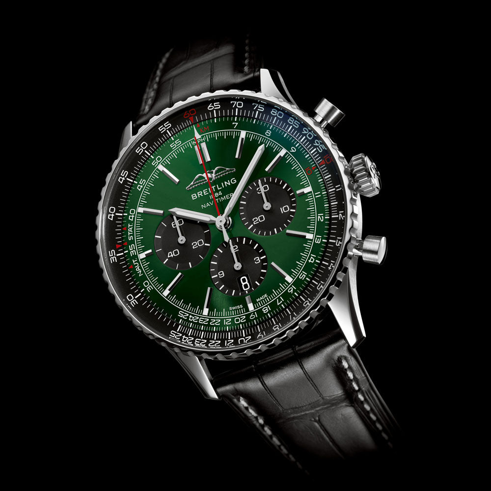 Breitling Navitimer B01 Chronograph 46 Green Dial Black Leather Strap Watch for Men - AB0137241L1P1 Buy Now By Breitling