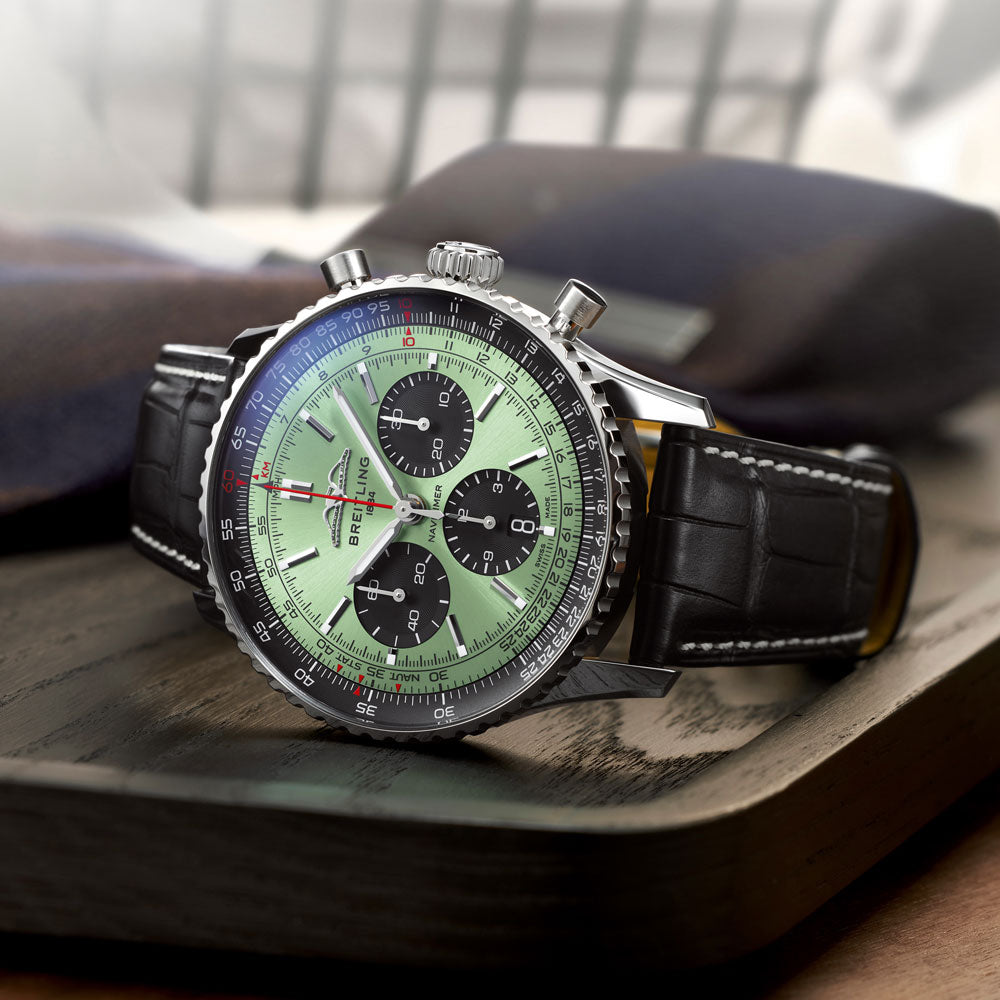 Breitling Navitimer B01 Chronograph 43 Green Dial Black Leather Strap Watch for Men - AB0138241L1P1 Buy Now By Breitling