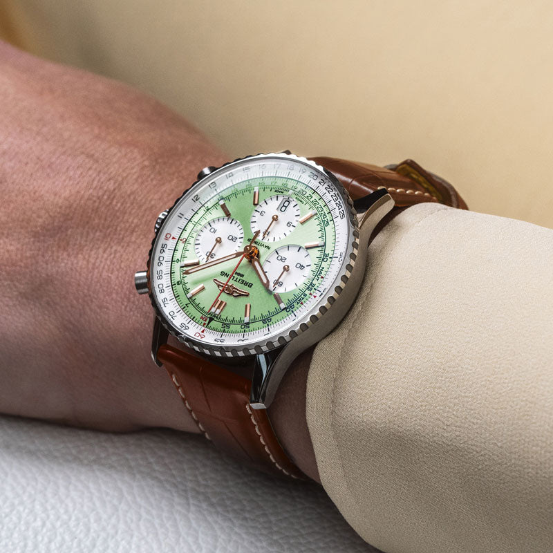 Breitling Navitimer B01 Chronograph 41 Green Dial Brown Leather Strap Watch for Men - AB0139211L1P1 Buy Now By Breitling