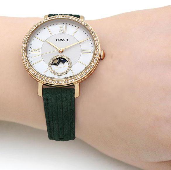 Fossil Jacqueline Multifunction Moonphase Mother of Pearl White Dial Green Leather Strap Watch for Women - ES5244 Buy Now By Fossil