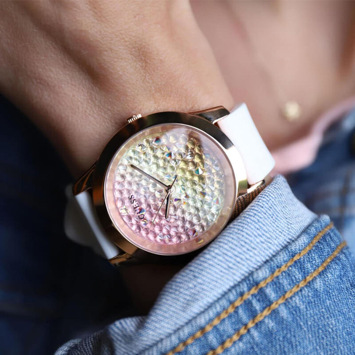 Guess Crush Crystals Gold Dial White Rubber Strap Watch for Women - W1223L3 Buy Now By Guess