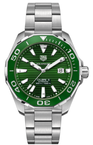 Tag Heuer Aquaracer Calibre 5 Green Dial Silver Steel Strap Watch for Men - WAY201S.BA0927 Buy Now By Tag Heuer