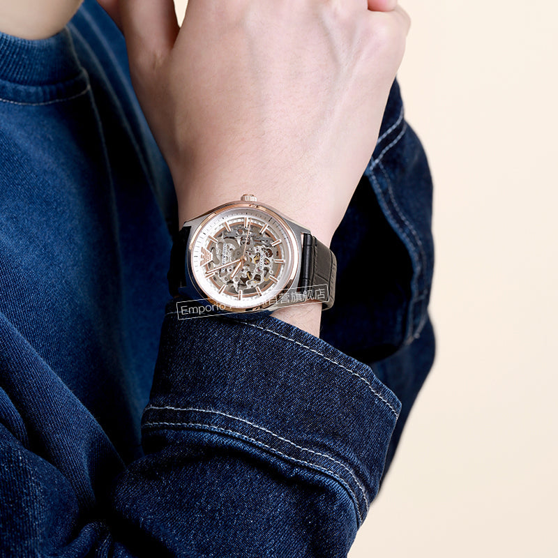 Emporio Armani Zeta Skeleton Automatic Silver Dial Black Leather Strap Watch For Men - AR60018 Buy Now By Emporio Armani