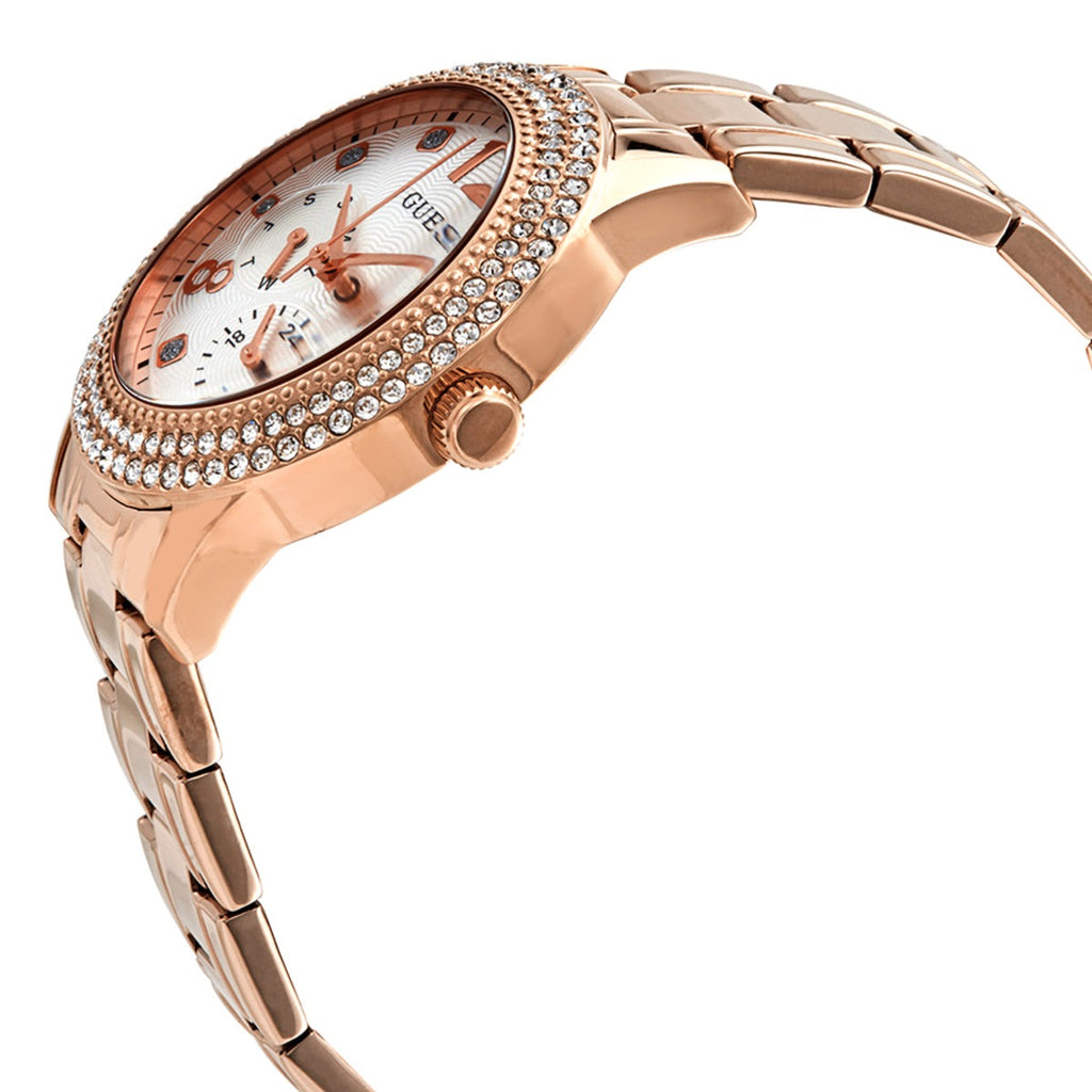Guess Bedazzle Diamonds Silver Dial Rose Gold Steel Strap Watch For Women - W1097L3 Buy Now By Guess