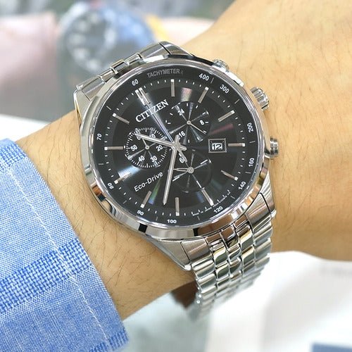 Citizen Eco Drive Chronograph Black Dial Silver Steel Strap Watch For Men - AT2140-55E Buy Now By Citizen