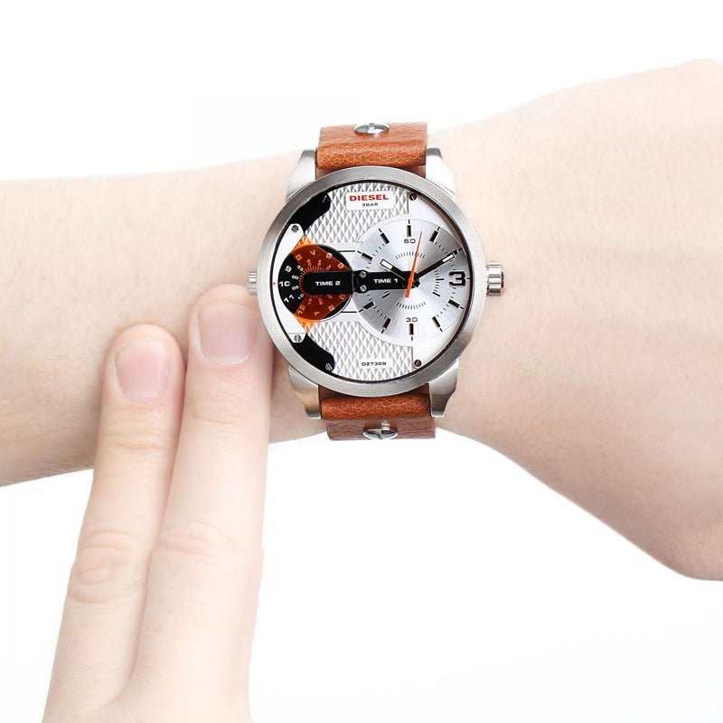 Diesel Mini Daddy Silver Dial Brown Leather Strap Watch For Men - DZ7309 Buy Now By Diesel