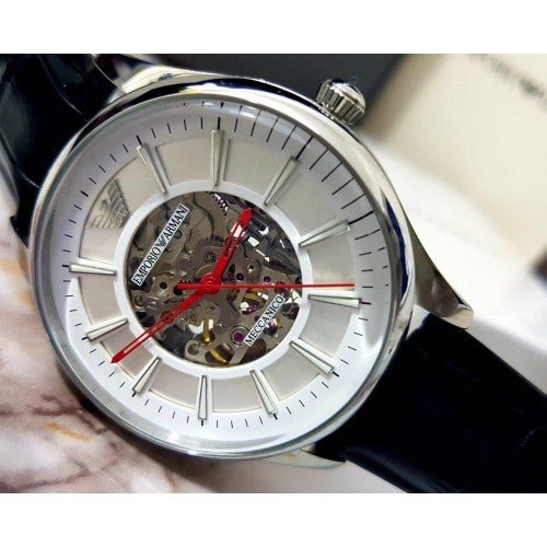 Emporio Armani Meccanico Silver Skeleton Dial Black Leather Strap Watch For Men - AR2072 Buy Now By Emporio Armani