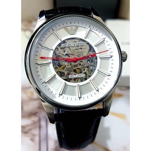 Emporio Armani Meccanico Silver Skeleton Dial Black Leather Strap Watch For Men - AR2072 Buy Now By Emporio Armani