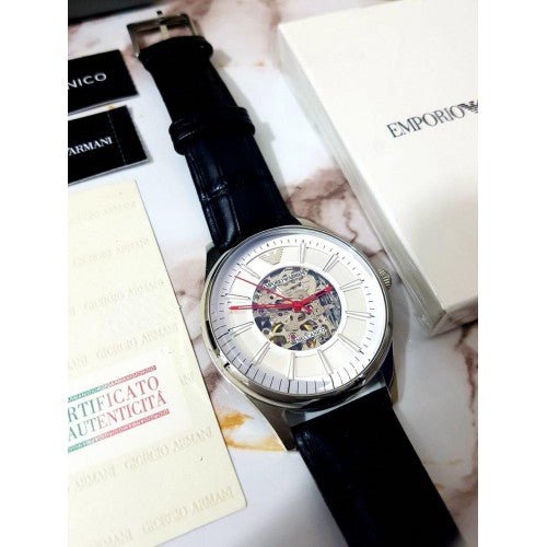 Emporio Armani Meccanico Silver Skeleton Dial Black Leather Strap Watch For Men - AR2072 Buy Now By Emporio Armani