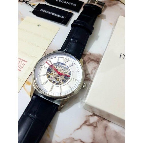 Emporio Armani Meccanico Silver Skeleton Dial Black Leather Strap Watch For Men - AR2072 Buy Now By Emporio Armani