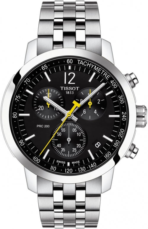 Tissot PRC 200 Chronograph Black Dial Silver Steel Strap Watch For Men - T114.417.11.057.00 Buy Now By Tissot