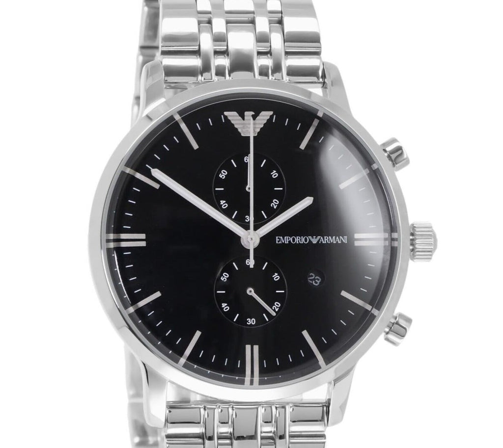Emporio Armani Gianni Chronograph Black Dial Silver Steel Strap Watch For Men - AR80009 Buy Now By Emporio Armani