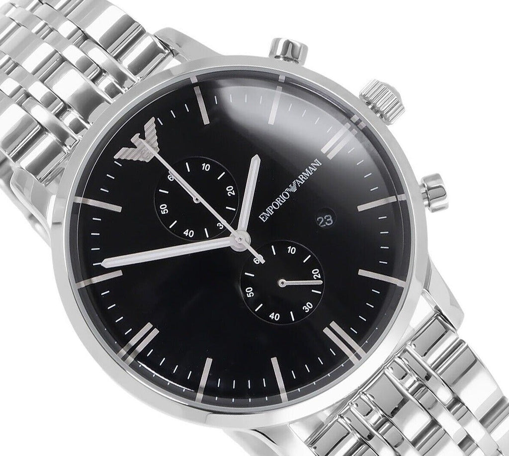 Emporio Armani Gianni Chronograph Black Dial Silver Steel Strap Watch For Men - AR80009 Buy Now By Emporio Armani