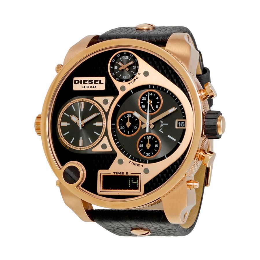 Diesel Big Daddy Gold & Black Dial Black Leather Strap Watch For Men - DZ7261 Buy Now By Diesel
