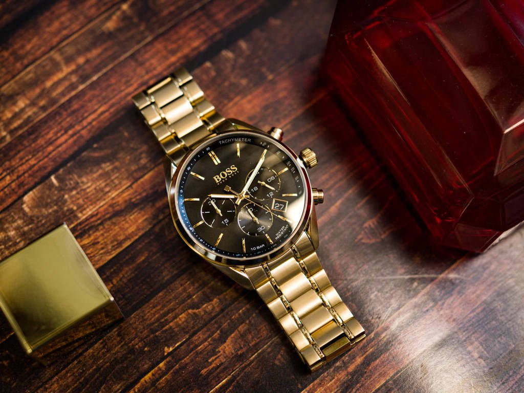 Hugo Boss Champion Black Dial Gold Steel Strap Watch for Men - 1513848 Buy Now By Hugo Boss