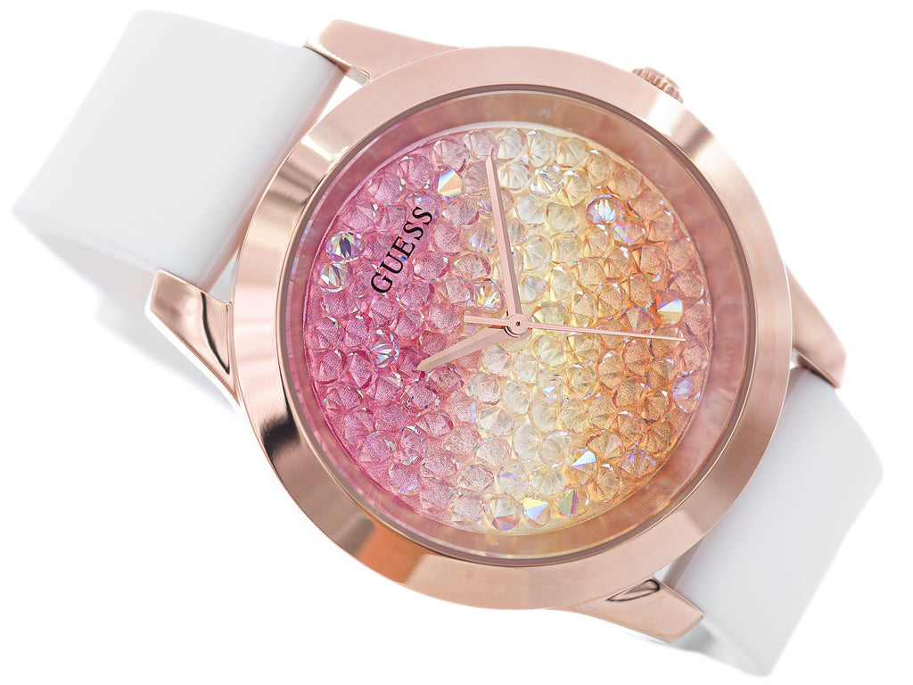 Guess Crush Crystals Gold Dial White Rubber Strap Watch for Women - W1223L3 Buy Now By Guess