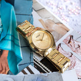 Guess Cubed Analog Gold Dial Gold Steel Strap Watch For Women - GW0606L2 Buy Now By Guess