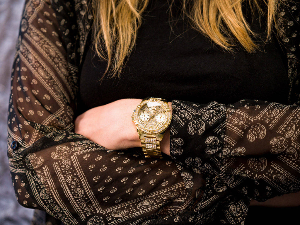 Guess Frontier Diamonds Gold Dial Gold Steel Strap Watch For Women - W1156L2 Buy Now By Guess