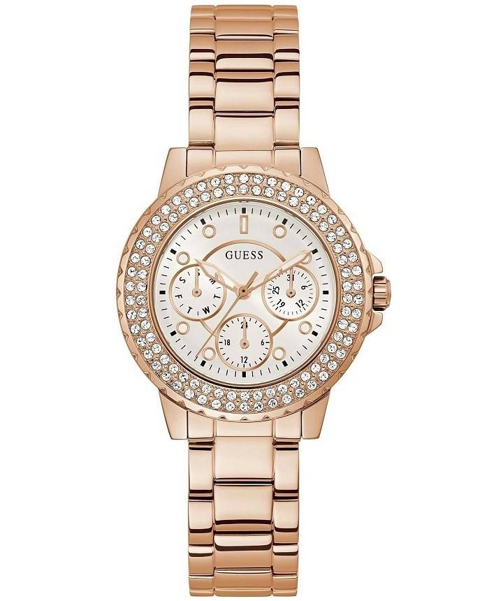 Guess Crown Jewel Multifunction Diamonds White Dial Rose Gold Steel Strap Watch For Women - GW0410L3 Buy Now By Guess
