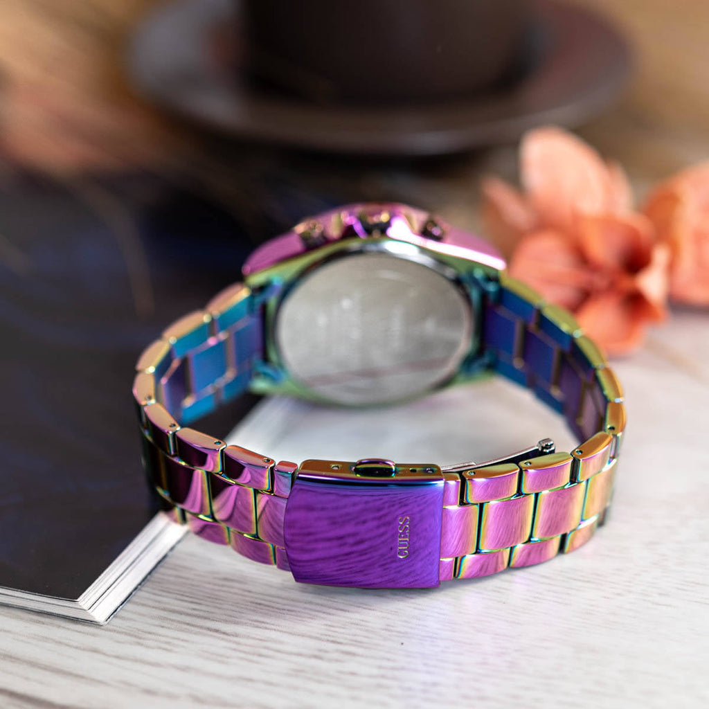 Guess Confetti Chronograph Crystals Multicolor Dial Purple Steel Strap Watch For Women - GW0483L5 Buy Now By Guess