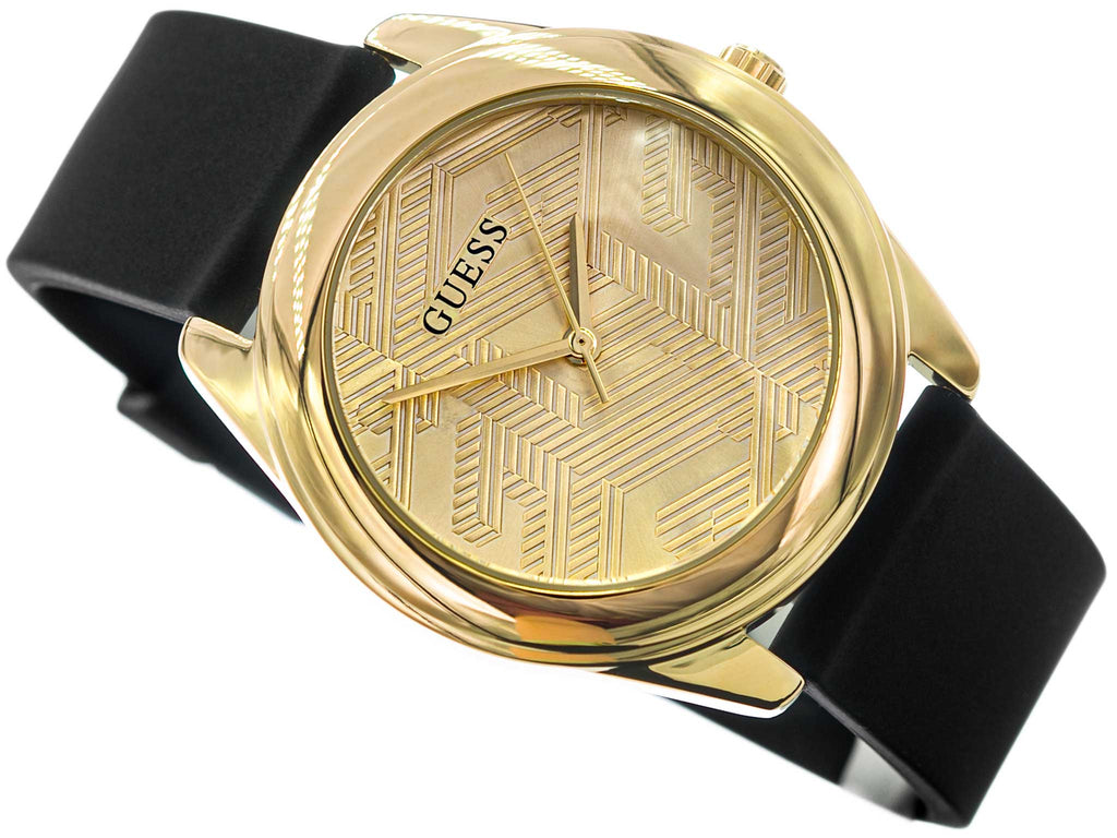Guess Cubed Analog Gold Dial Black Silicone Strap Watch For Women - GW0665L1 Buy Now By Guess