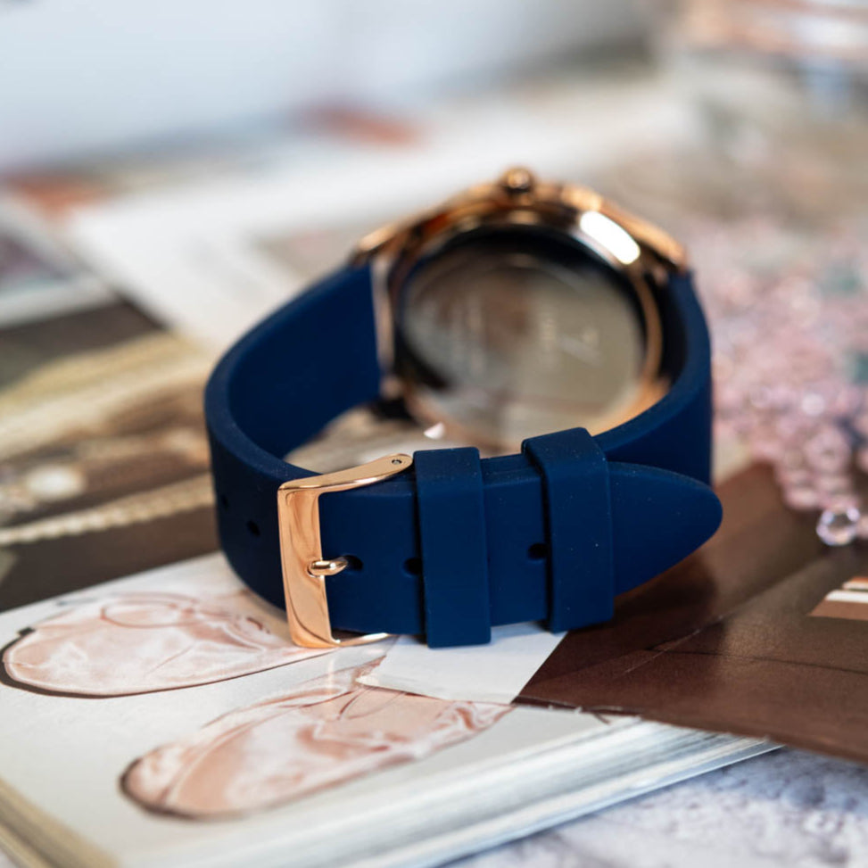 Guess Cubed Analog Rose Gold Dial Blue Leather Strap Watch For Women - GW0665L2 Buy Now By Guess