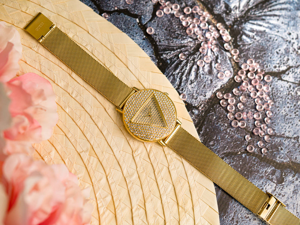 Guess Iconic Diamonds Gold Dial Gold Mesh Bracelet Watch For Women - GW0477L2 Buy Now By Guess