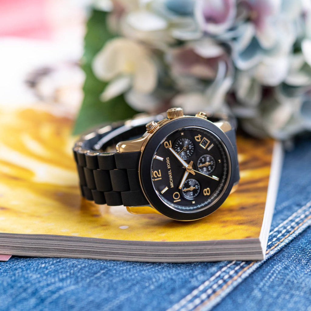 Michael Kors Runway Chronograph Black Dial Black Silicone Strap Watch For Women - MK7385 Buy Now By Michael Kors