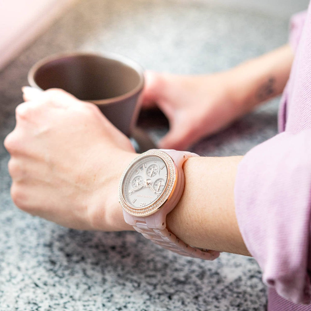 Michael Kors Runway Chronograph White Dial Pink Steel Strap Watch for Women - MK7424 Buy Now By Michael Kors