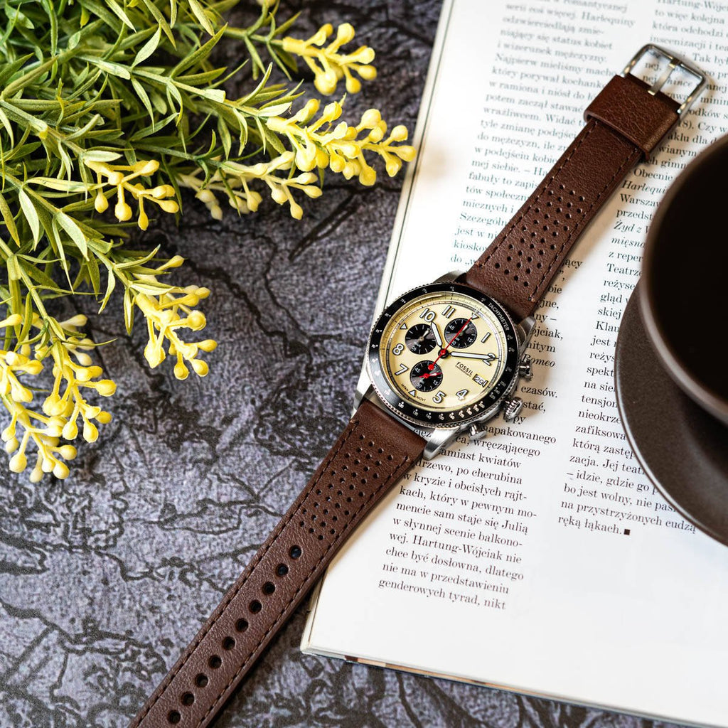 Fossil Sport Tourer Chronograph White Dial Brown Leather Strap Watch for Men - FS6042 Buy Now By Fossil