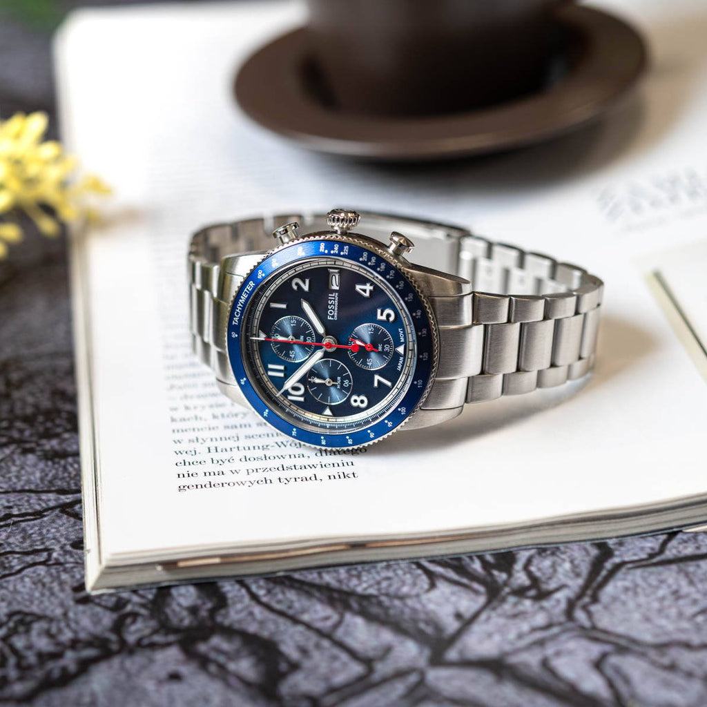 Fossil Sport Tourer Chronograph Blue Dial Silver Steel Strap Watch for Men - FS6047 Buy Now By Fossil