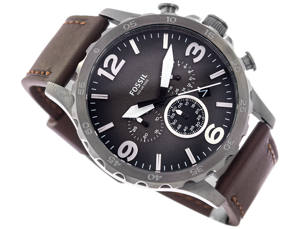 Fossil Nate Chronograph Grey Dial Brown Leather Strap Watch for Men - JR1424 Buy Now By Fossil